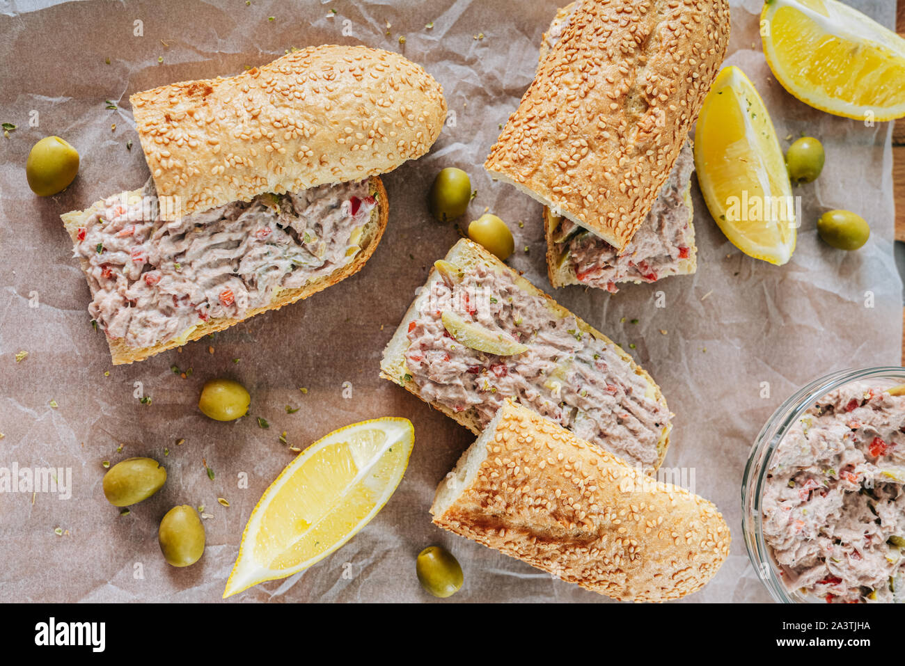 Tuna Salad Sandwiches And Green Olives Stock Photo Alamy