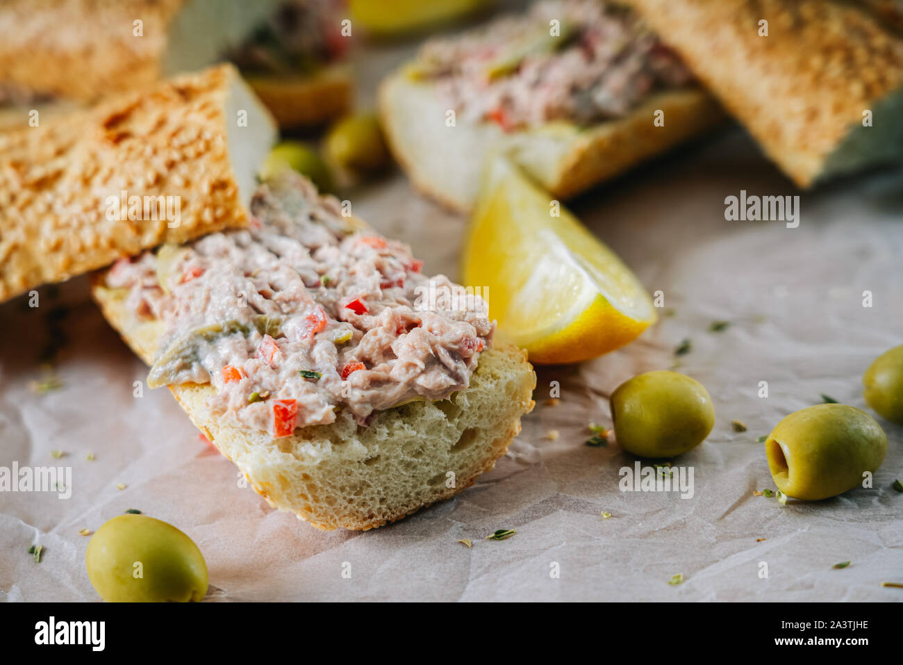 Tuna Salad Sandwiches And Green Olives Stock Photo Alamy