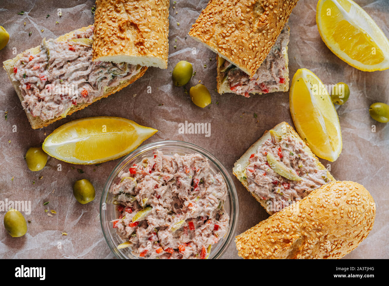 Tuna Salad Sandwiches And Green Olives Stock Photo Alamy