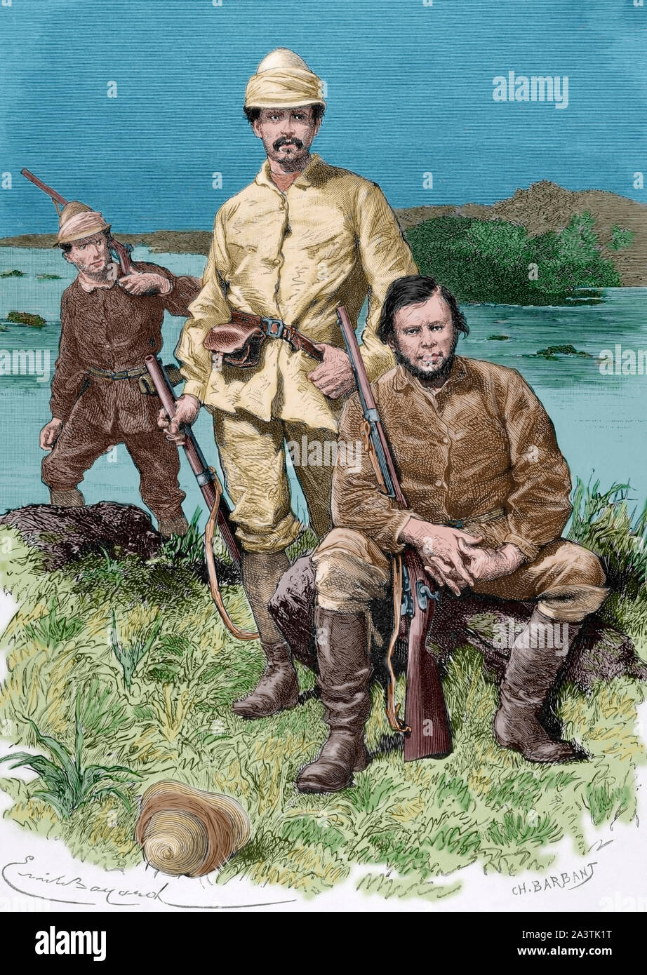 Africa. Members of Stanley's expedition. Edward Pocock, Francis Pocock and Frederick Barker. Illustrated by Emile Bayard. Engraving by Charles Barbant. Africa inexplorada, el Continente Misterioso by Henry Morton Stanley, c. 1887. Later colouration. Stock Photo