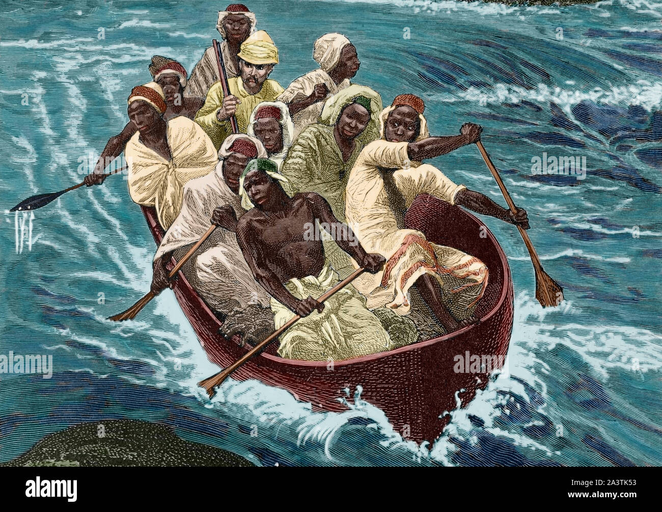 Africa. Stanley passes the Rapids of the Congo river in the canoe 'Lady Alice' (at present Democratic Republic of the Congo). Engraving. Africa inexplorada, el Continente Misterioso by Henry Morton Stanley, c. 1887. Later colouration. Stock Photo
