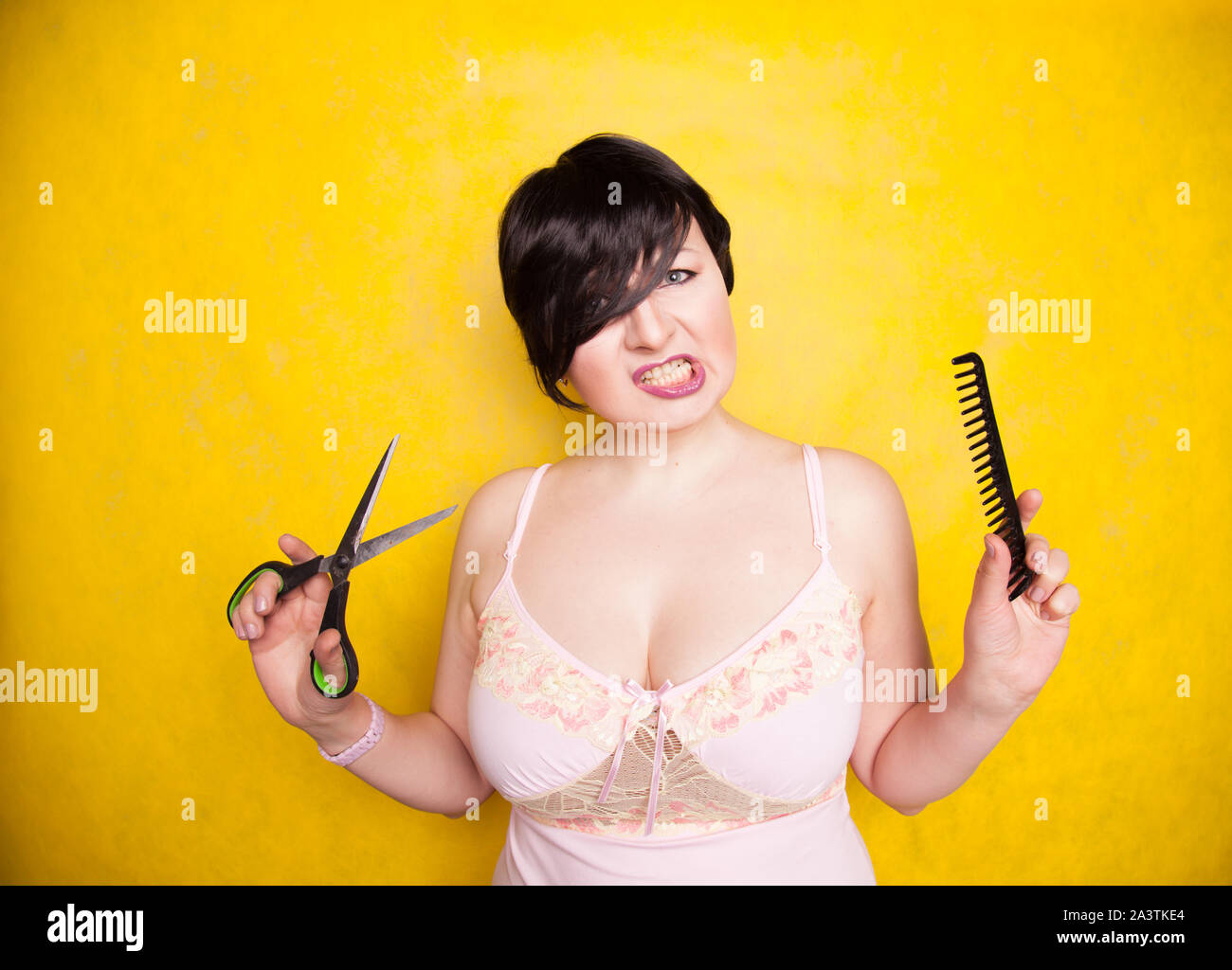 Charming Emotional Plus Size Woman Cuts Her Hair With Scissors Because