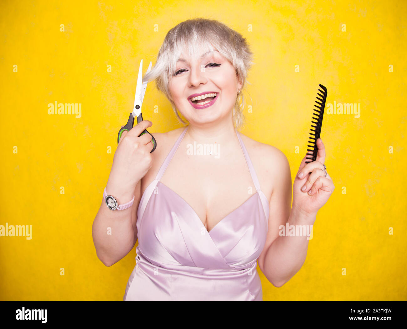 Charming Emotional Plus Size Woman Cuts Her Hair With Scissors Because