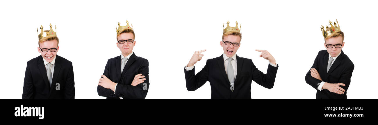 The young businessman with crown isolated on white Stock Photo