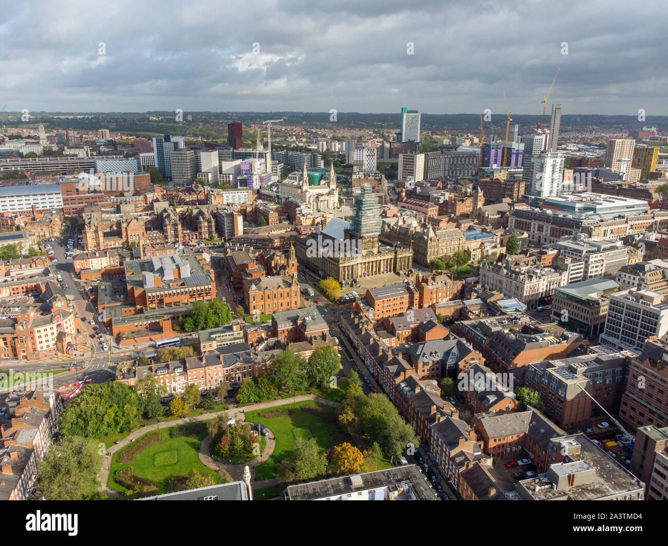 Aerial photo taken on the centre of Leeds in the UK, showing the ...