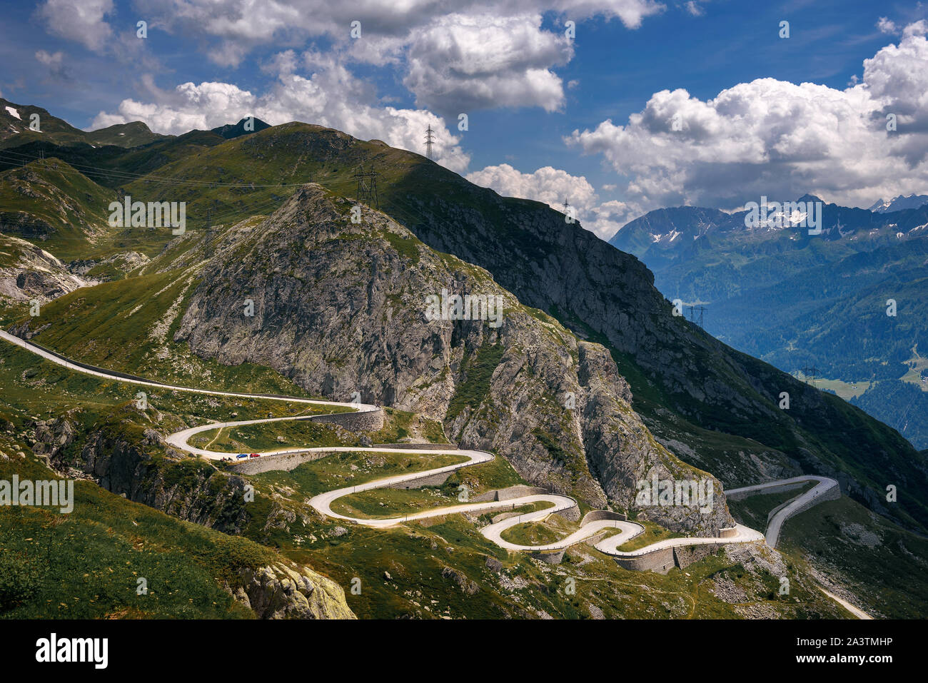 Aerial view of an old road going through the St. Gotthard pass in the Swiss Alps Stock Photo
