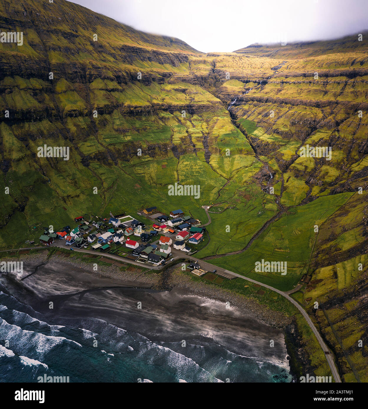 Aerial view of the Tjornuvik village and its beach in the Faroe Islands Stock Photo