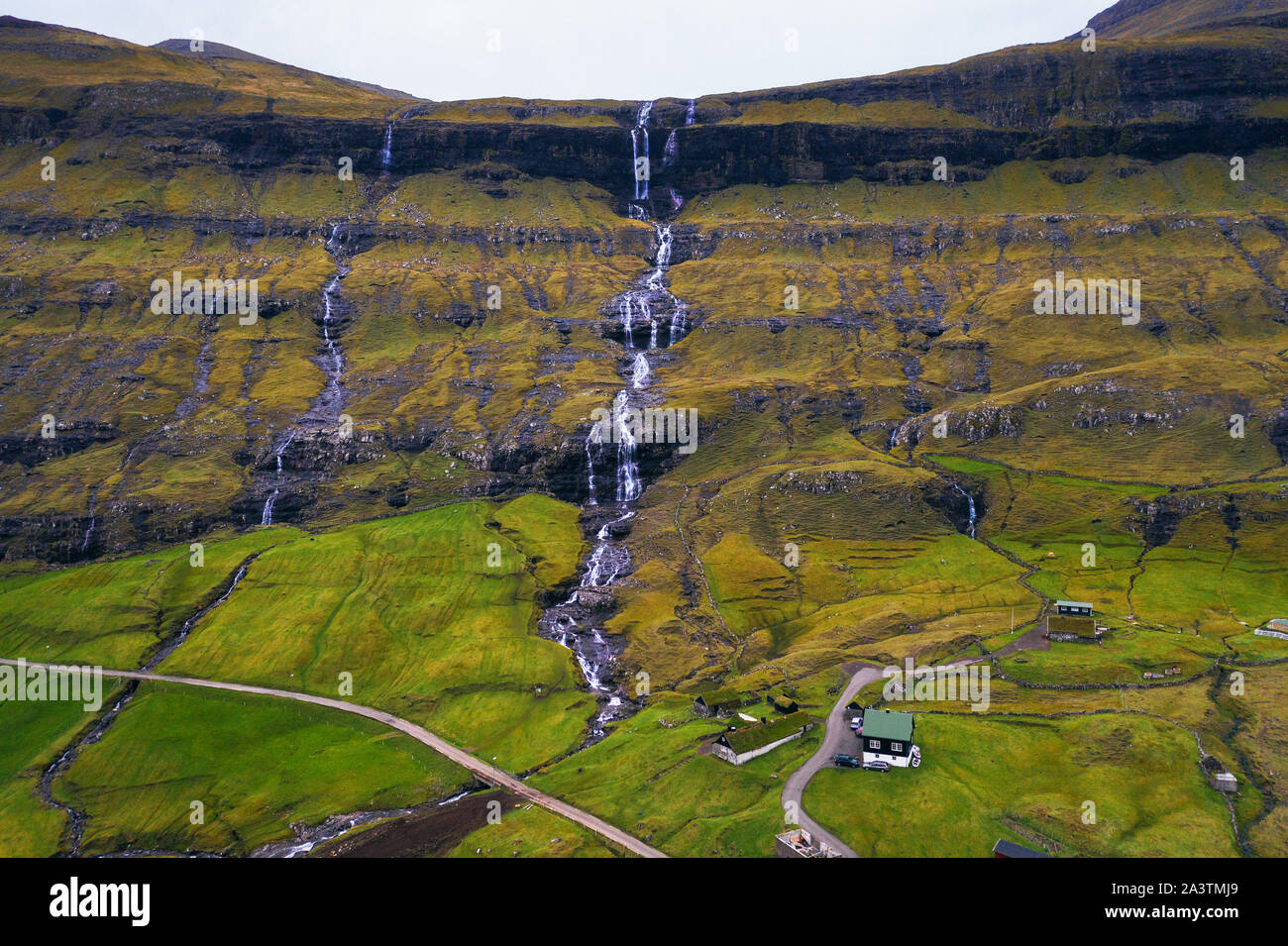 Aerial view of waterfalls in the village of Saksun on the Faroe islands Stock Photo