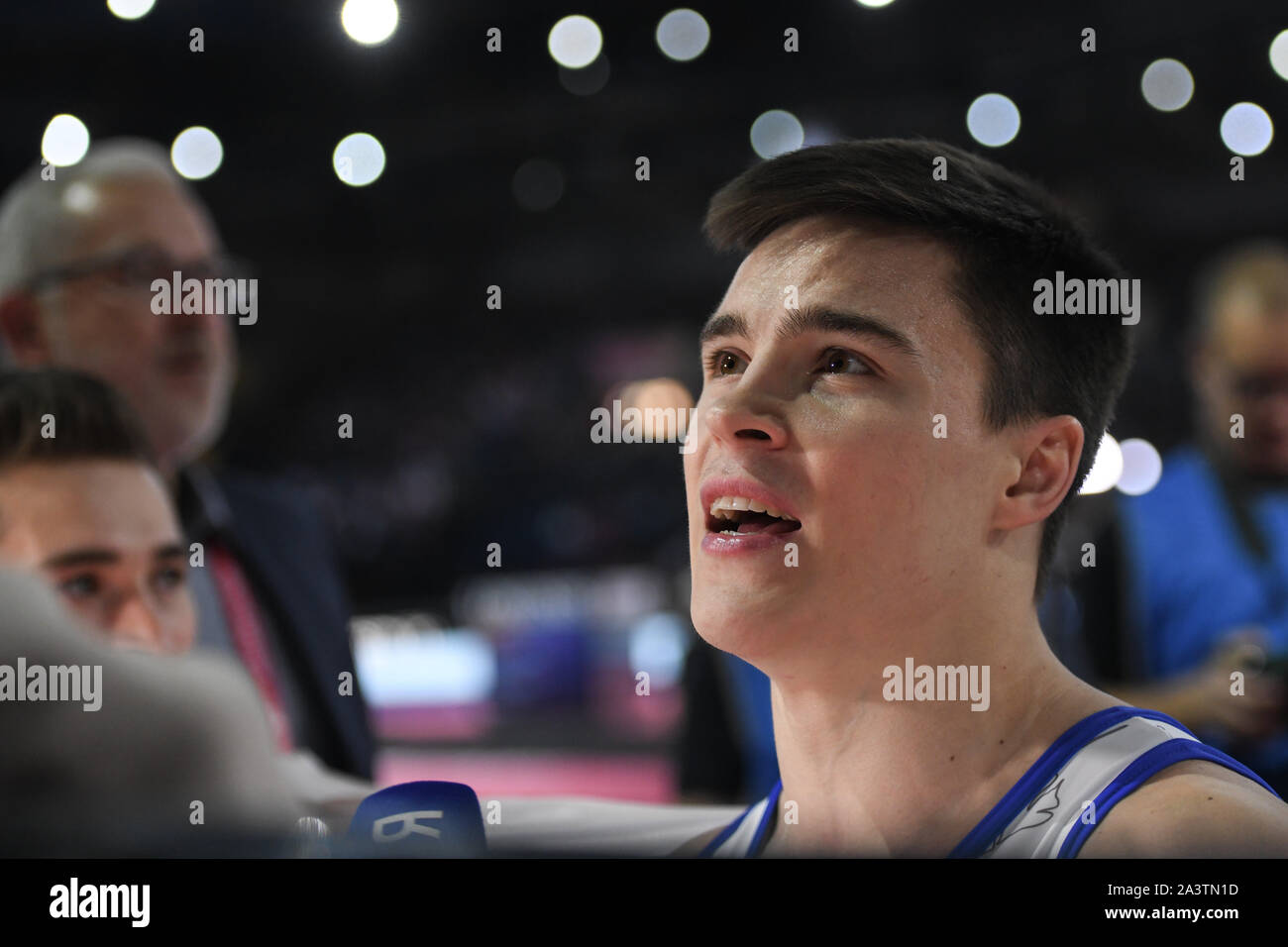 October 9, 2019: NIKITA NAGORNYY from Russia waits to see his score that will determine the winning team during the Team Final competition held in the Hanns-Martin-Schleyer-Halle in Stuttgart, Germany. Credit: Amy Sanderson/ZUMA Wire/Alamy Live News Stock Photo