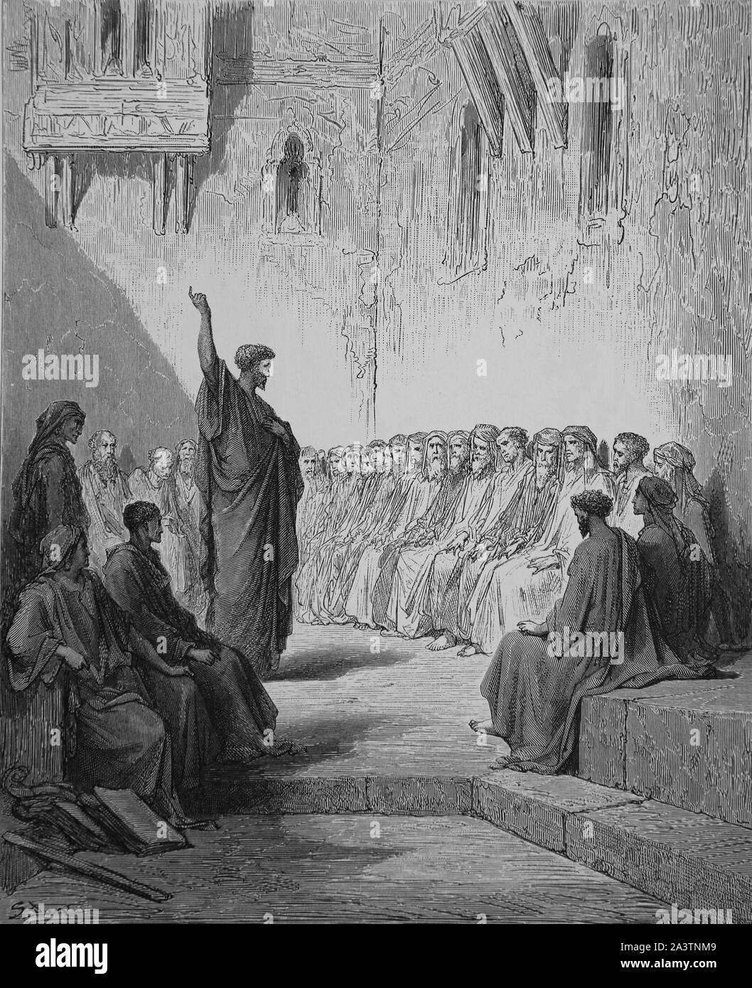 Book of Acts. St. Paul preaching to the Thessalonians. (I Thessalonians 2:9), Engraving. Bible Illustration by Gustave Dore. 19th century. Stock Photo
