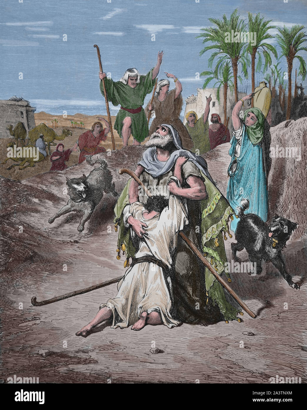 The return of the prodigal son. Son in the arms of his father. Engraving. Luke 15:20. Bible Illustration by Gustave Dore. 19th century. Later colourat Stock Photo