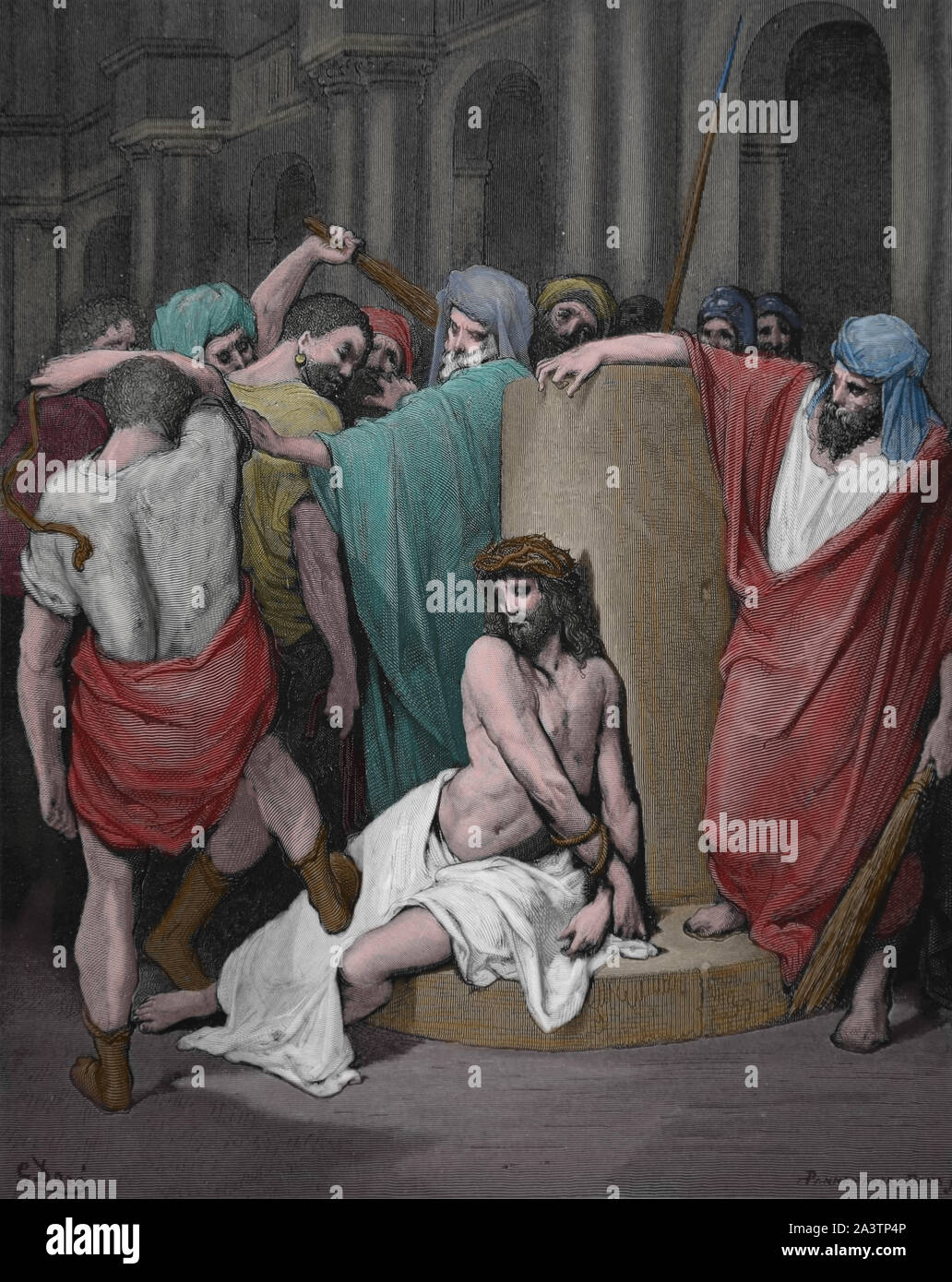Passion. Jesus Scourged.  John 19:1. Engraving. Bible Illustration by Gustave Dore. 19th century. Later colouration. Stock Photo