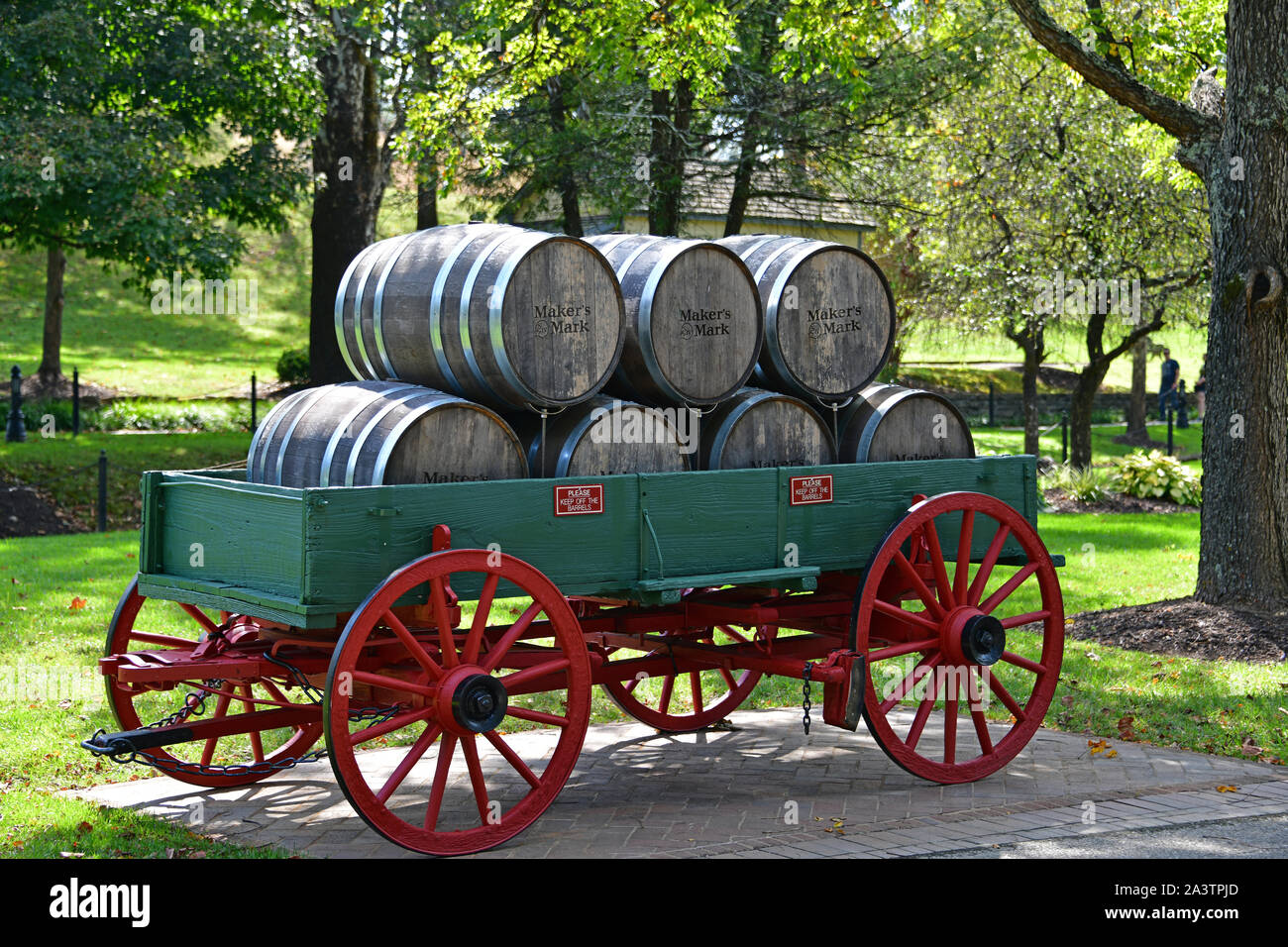 Oak barrels on carriage Maker's Mark Distillery Loretto Kentucky USA.  September 28, 2019 Stock Photo
