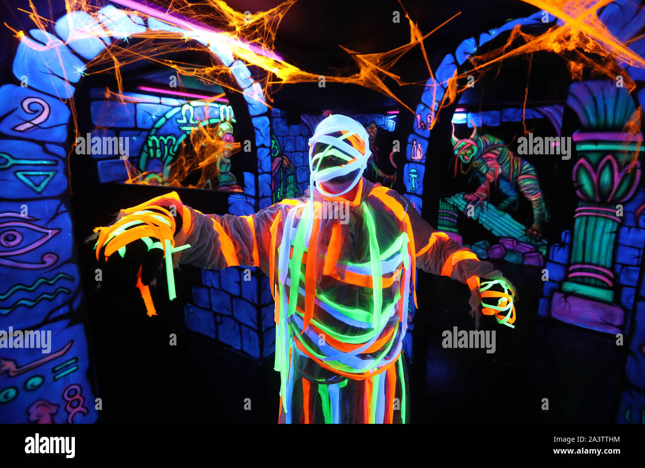 Scott Meiklejohn gets into character as a mummy during a photo call ahead of 'Hallowild', Blair Drummond Safari Parks annual Halloween event. This years theme in the haunted walkway is an egyptian tomb with special 3D effects alongside actors playing the roles of Pharaohs and Mummies. PA Photo. Picture date: Thursday October 10, 2019. See PA story ANIMALS Halloween. Photo credit should read: Andrew Milligan/PA Wire Stock Photo