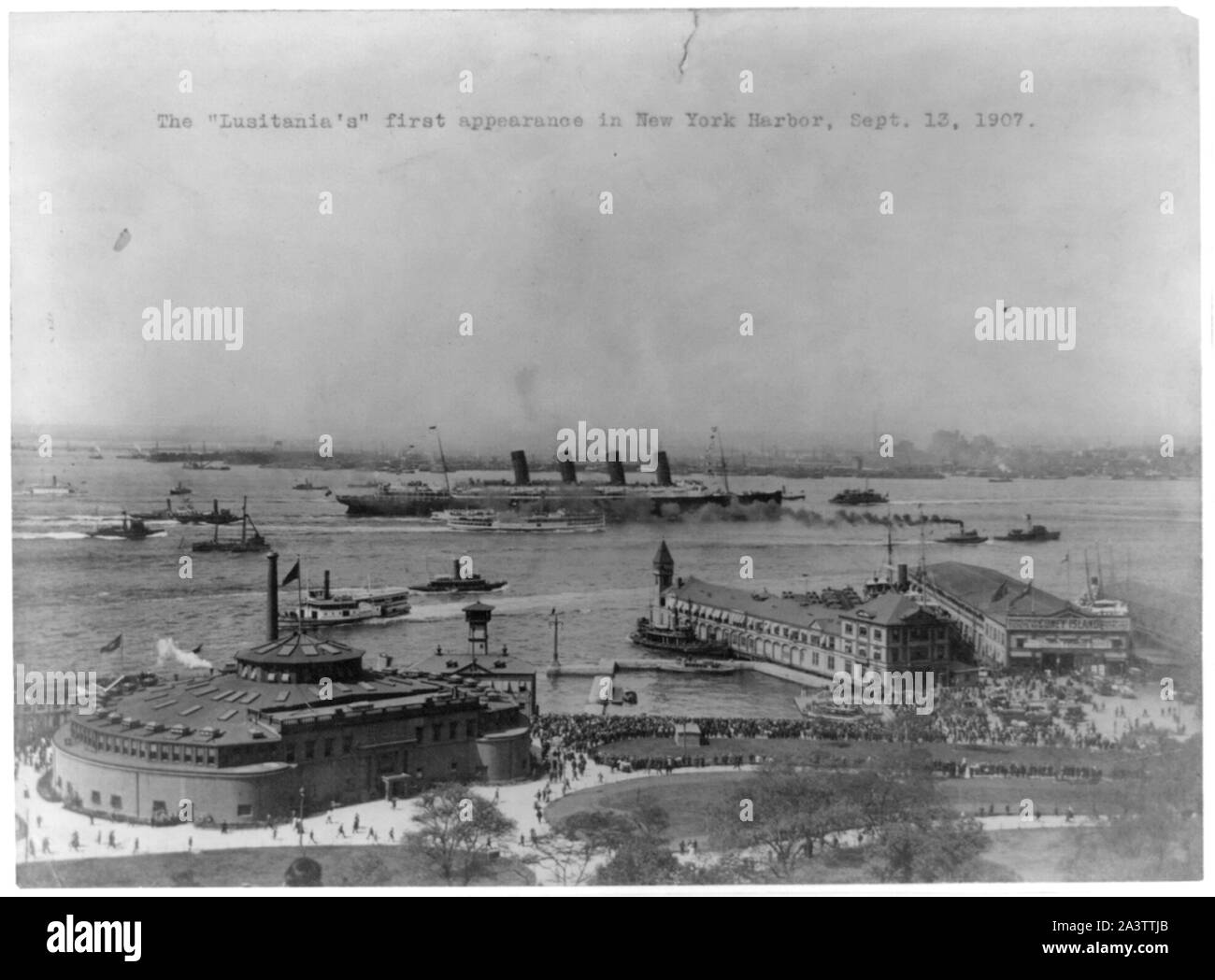 The Lusitania's first appearance in New York Harbor, Sept. 13, 1907. Stock Photo