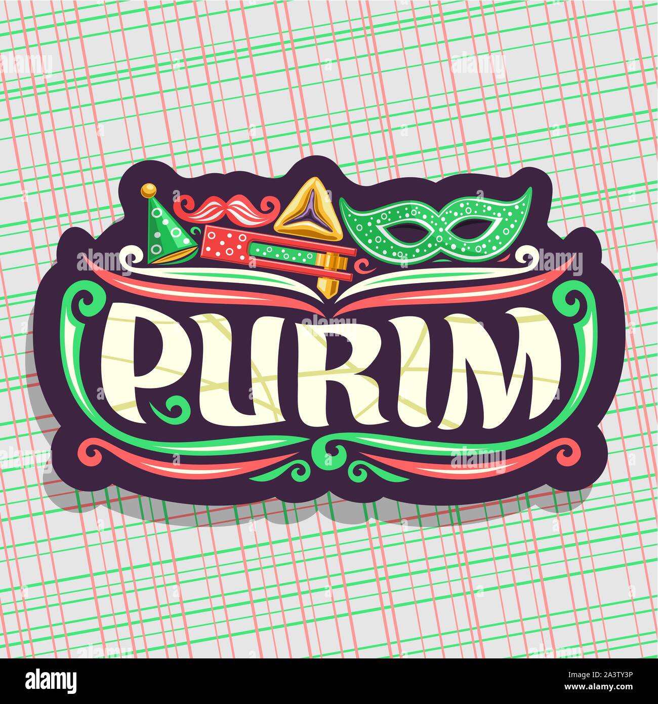 Vector logo for Purim holiday, cut label with carnival mask and clown hat, masquerade mustache, oznei haman and noise maker toy, original brush font f Stock Vector