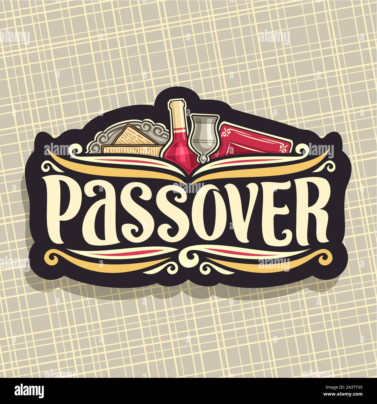 Vector logo for Passover holiday, original brush font for word passover, cut label with religious book torah, kosher flatbread matzah on antique plate Stock Vector