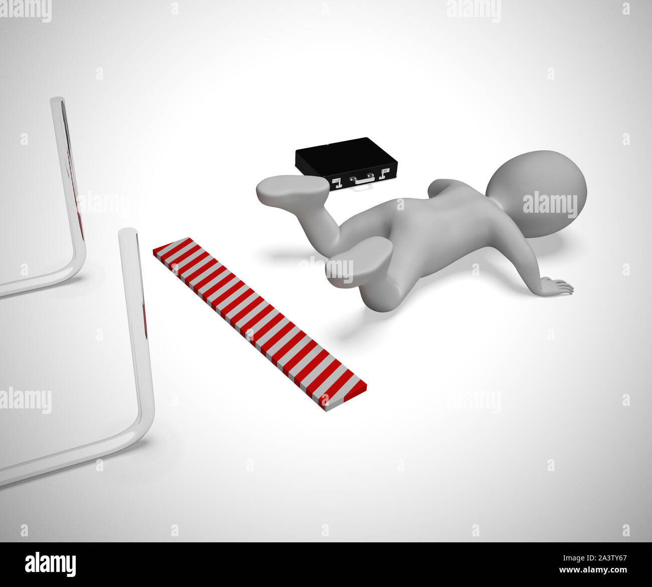 Run of bad luck depicted by a man falling over a hurdle. Disappointment and failure from the accident - 3d illustration Stock Photo