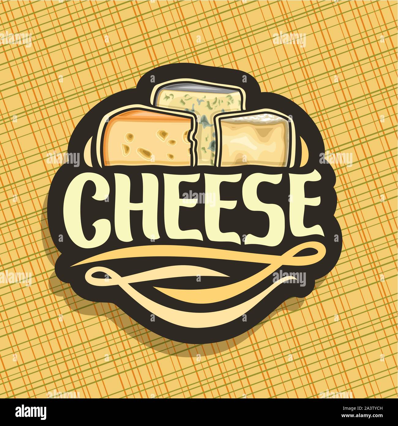 Vector logo for Cheese, on label slices of dutch maasdam with holes, french roquefort with mold and delicious Italian parmesan cheeses, original brush Stock Vector