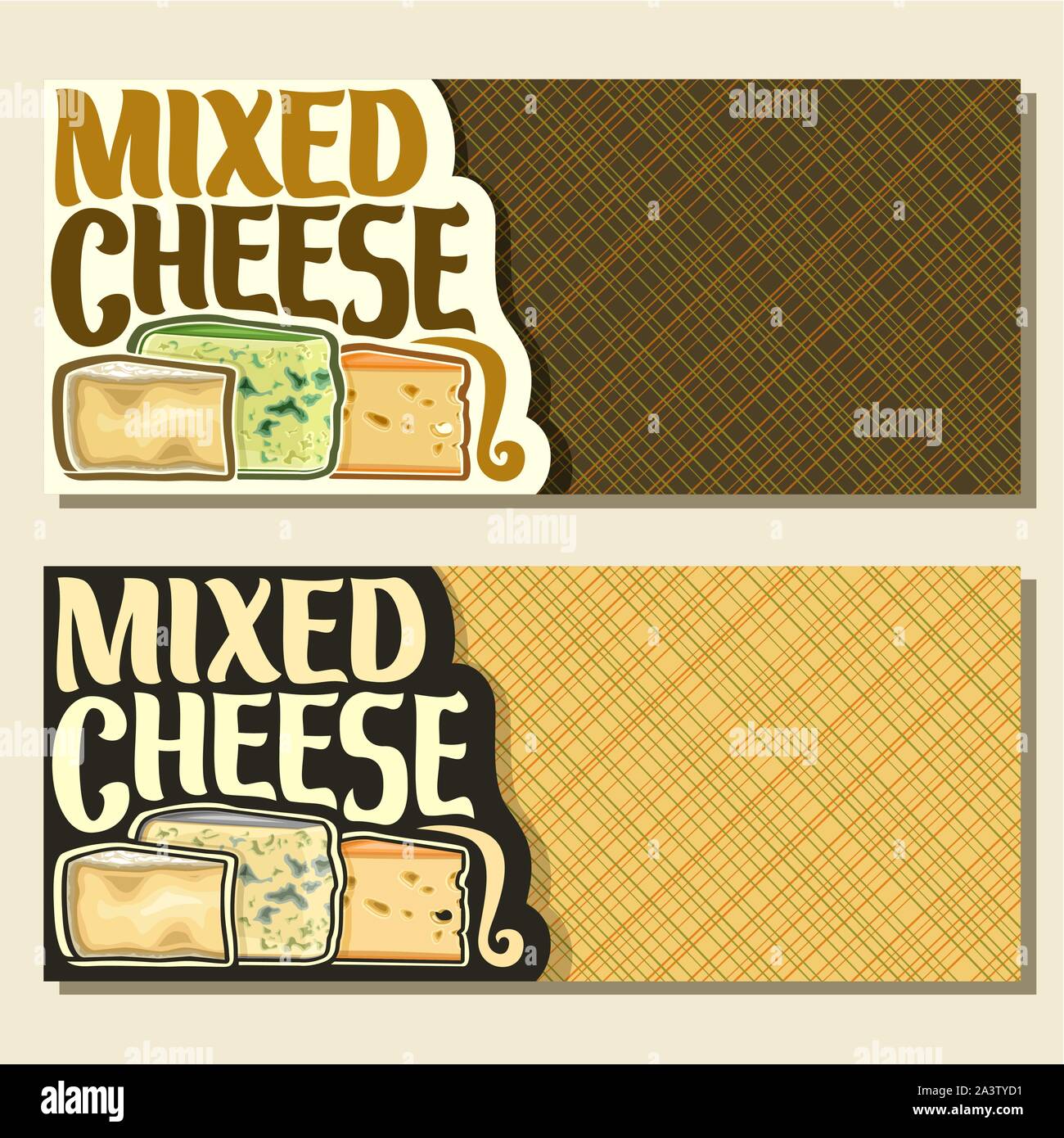 Vector banners for Cheese with copy space, slices of delicious Italian parmesan, french roquefort with blue mold and dutch maasdam with holes cheeses, Stock Vector