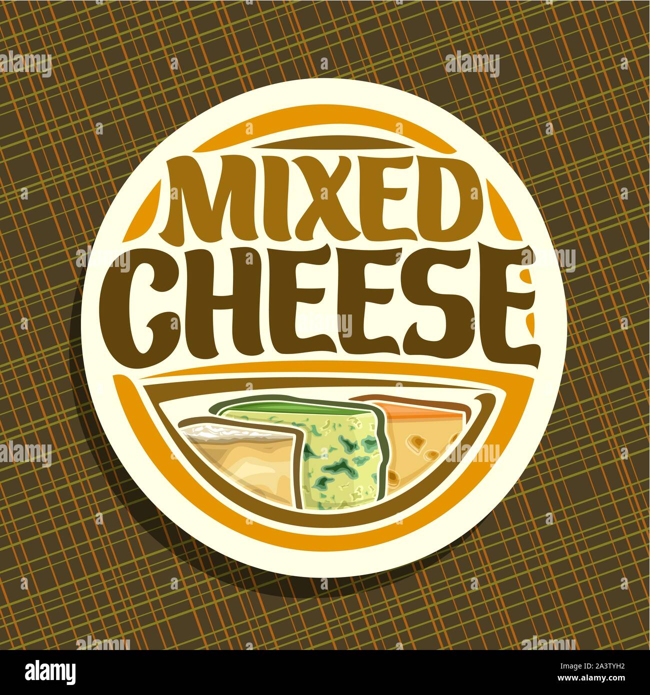 Vector logo for Cheese, on round label slices of delicious Italian parmesan, french roquefort with blue mold, dutch maasdam with holes cheeses, origin Stock Vector