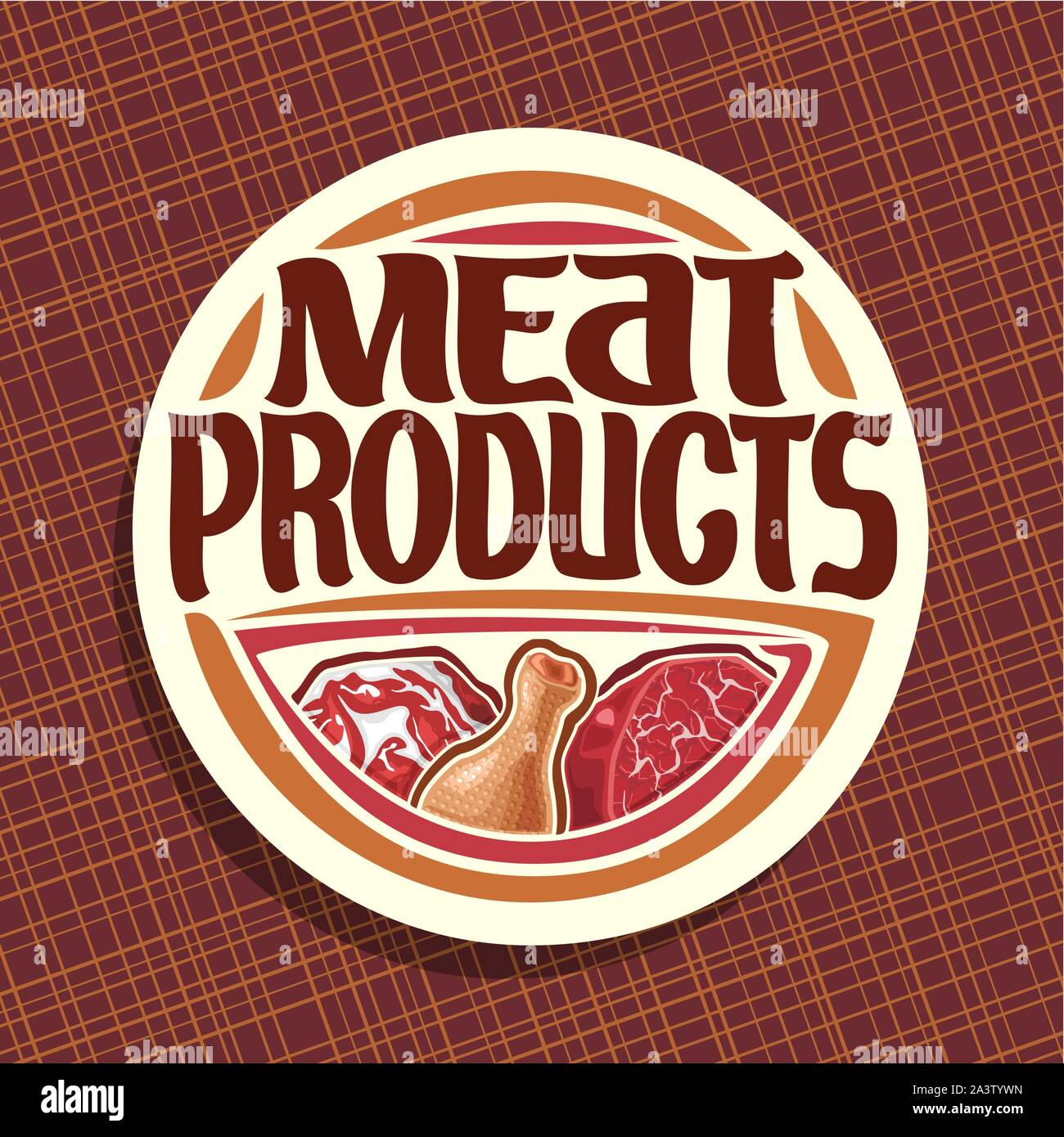 Vector logo for Meat, chop slice of fat pork, uncooked chicken drumstick and cut piece of raw beef meat, original brush typeface for words meat produc Stock Vector