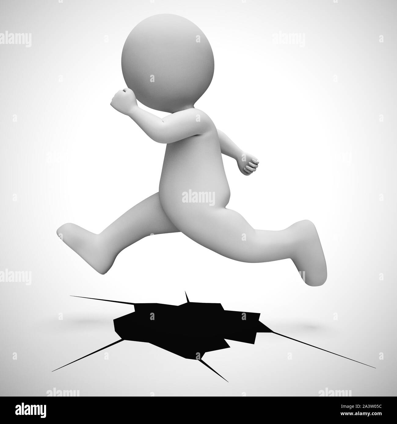 Overcoming challenges concept depicted by man jumping over a whole. Dealing with a challenge or obstacle - 3d illustration Stock Photo