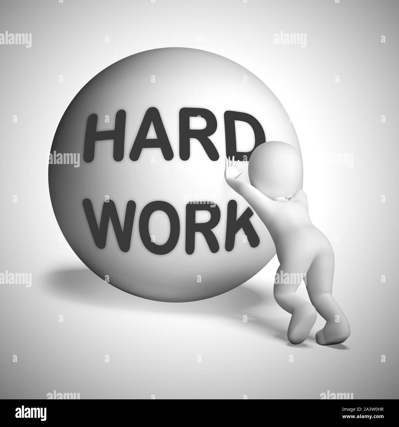 Hard work ball rolled uphill means perseverance and a tough job. Physical exertion or manual labour - 3d illustration Stock Photo