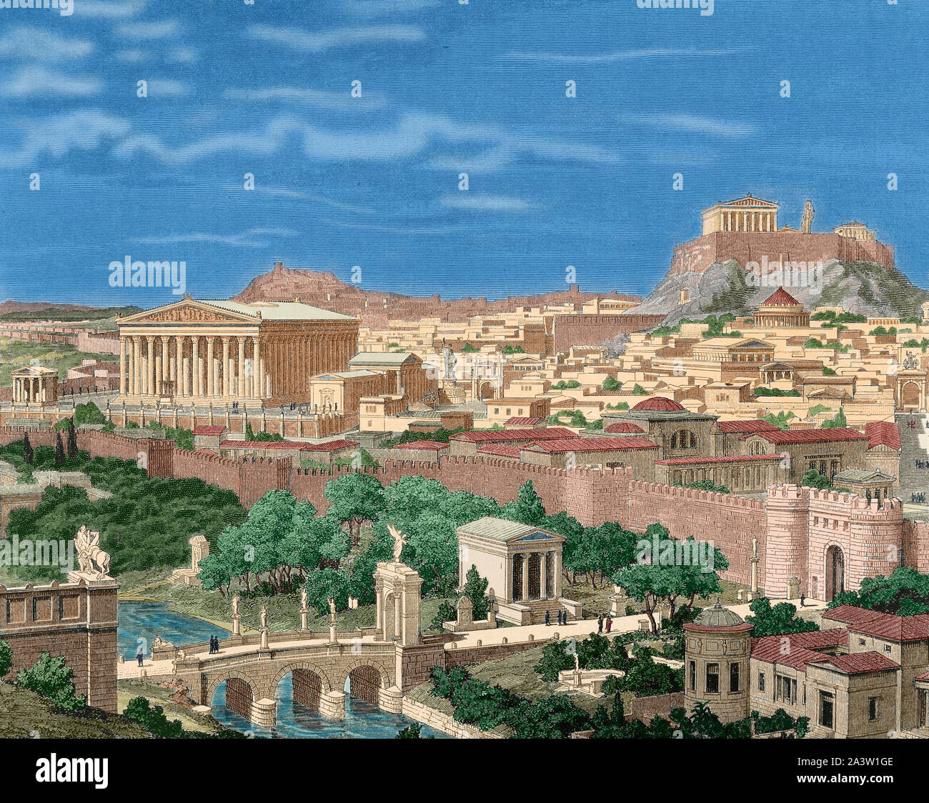 Greece. Athens under Emperor Hadrian (76-138 A.D.), who ruled from 117 to 138. Scenery. The river Eridanos through the Agora to the archaeological site of the Kerameikos. Engraving. 19th century. Later colouration. Stock Photo
