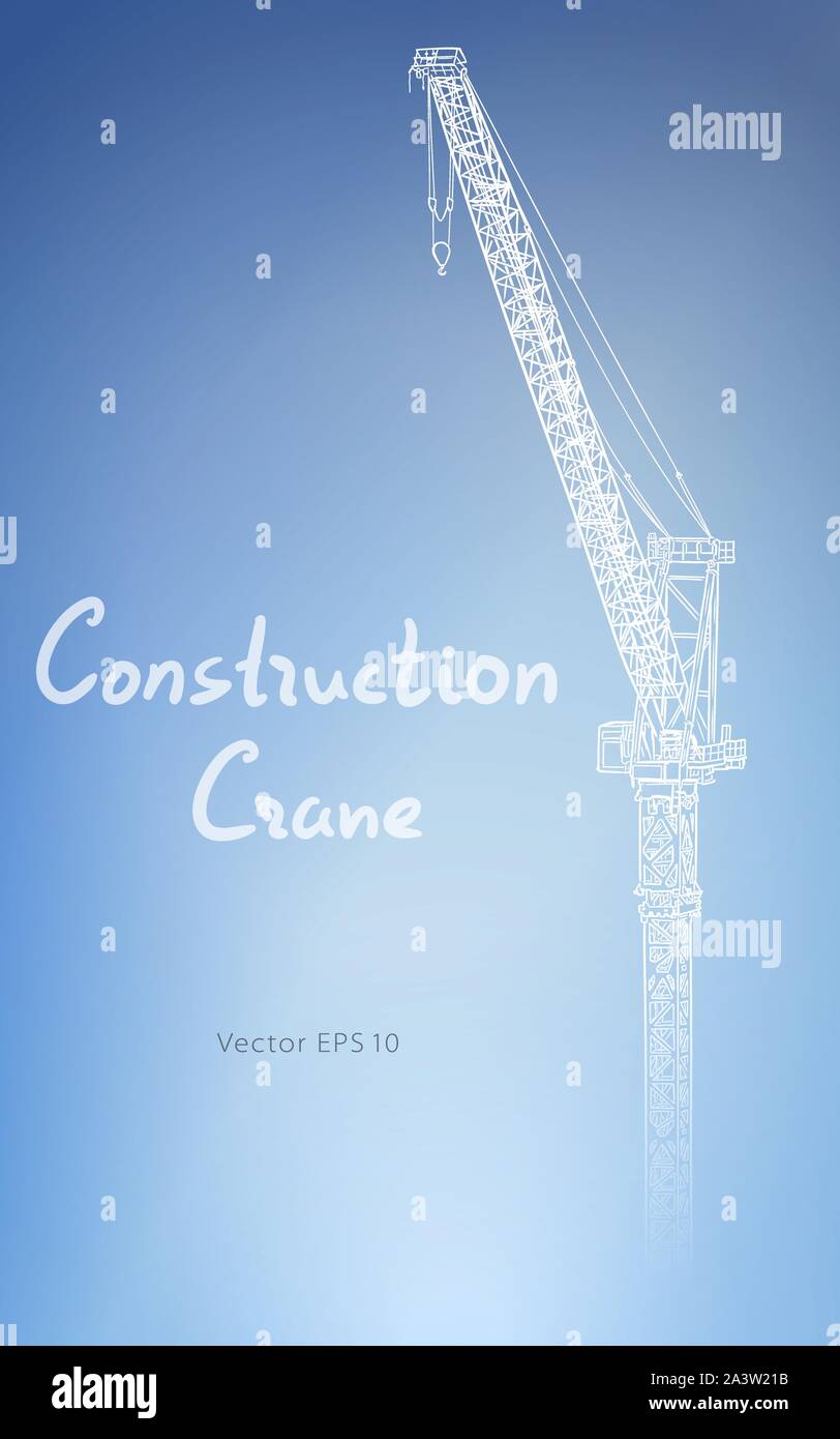 Tower construction crane. Vector line art on blue Stock Vector