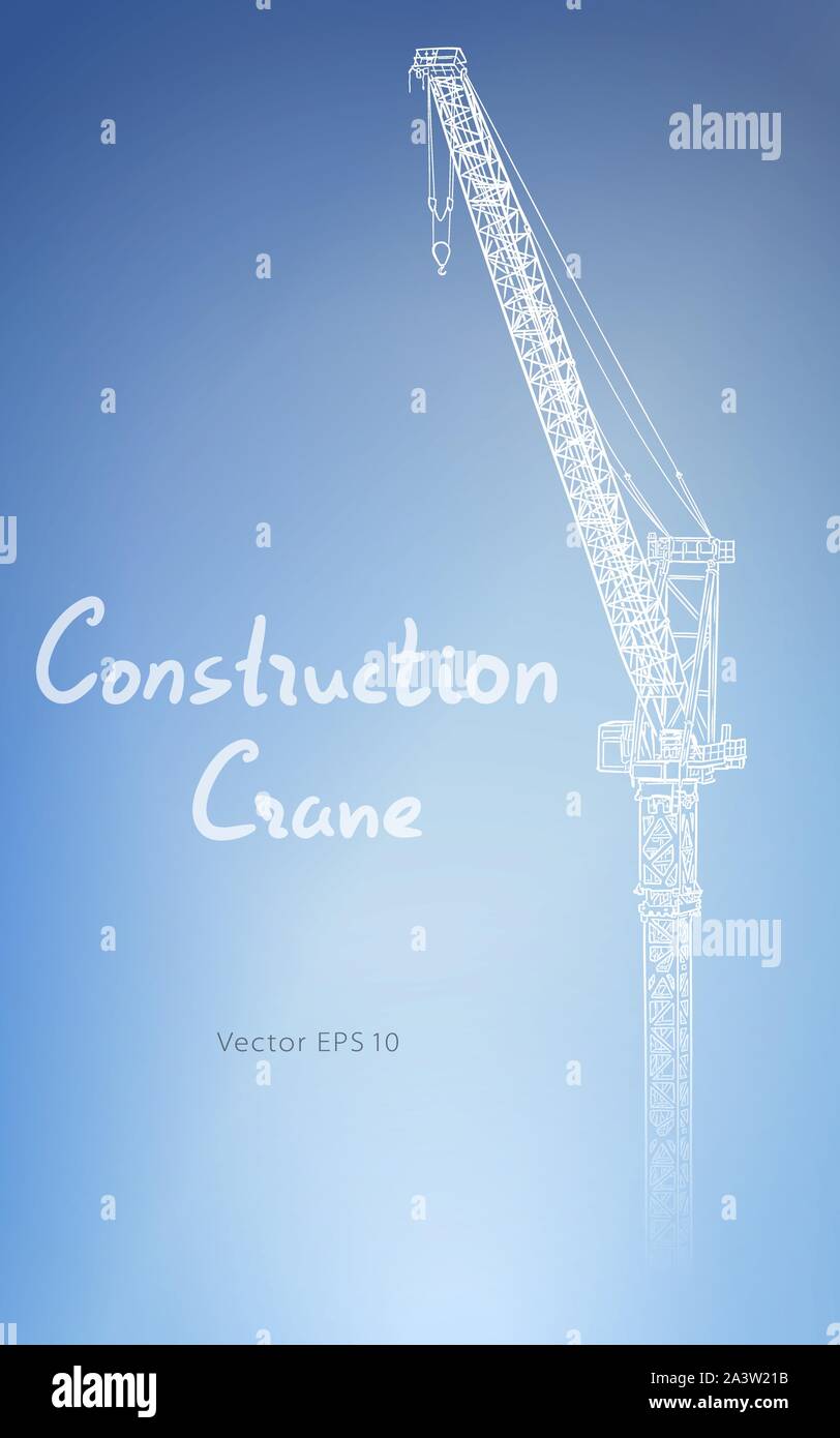 Tower construction crane. Vector line art on blue Stock Vector Image ...