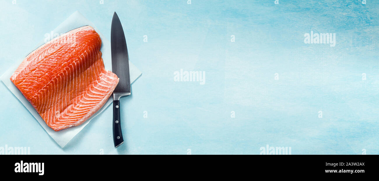 Banner Of Fresh Salmon Slice On A Wooden Cutting Board With A
