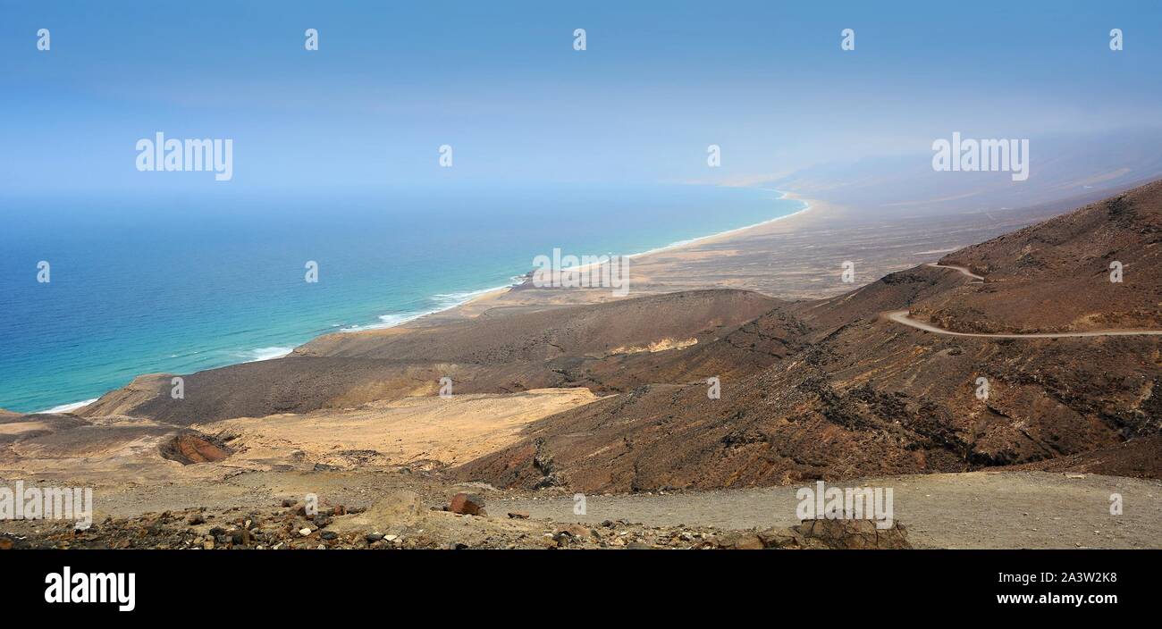 Aerial view of the beautiful long and wide Cofete beach on Fuerteventura island, Spain. Stock Photo