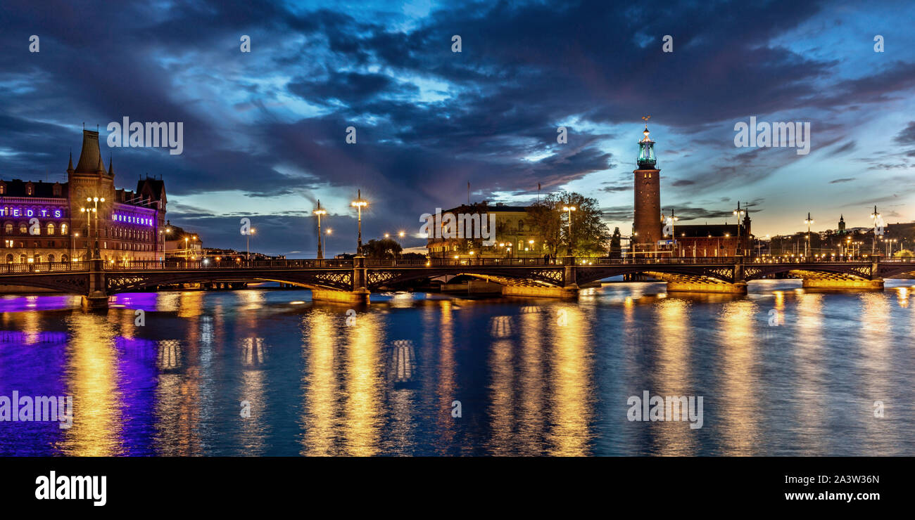 Evening View from Helgeandsholmen Island, central Stockholm, Sweden Stock Photo