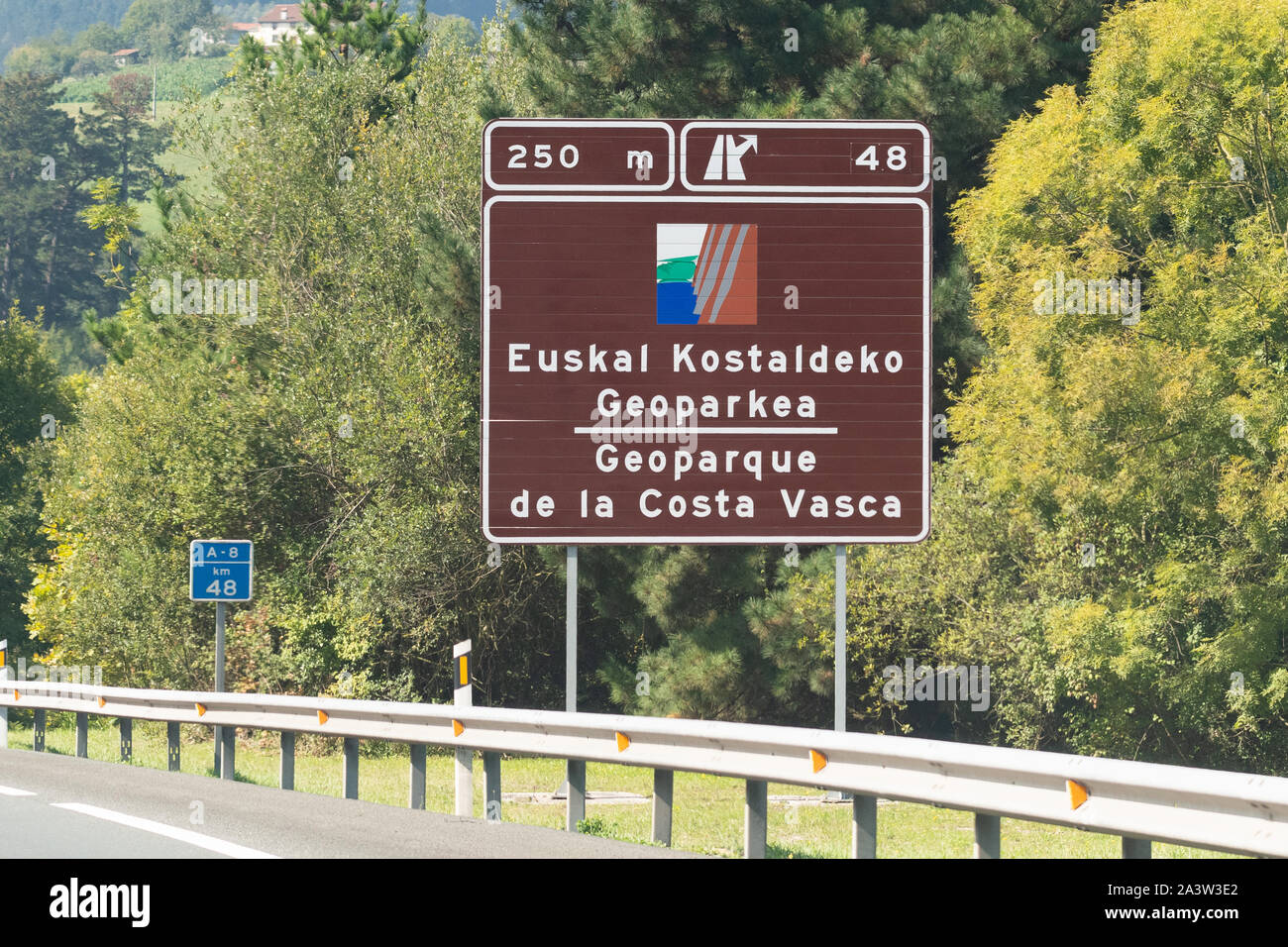 Basque and Spanish bilingual sign for the Basque Geopark, Spain, Europe Stock Photo
