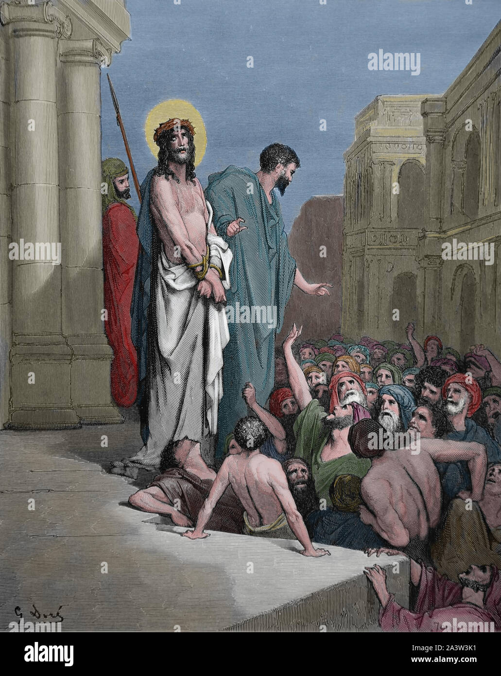 The Passion of Jesus. Christ presented to the people (John 19:15). Engraving. Bible Illustration by Gustave Dore. 19th century. Stock Photo