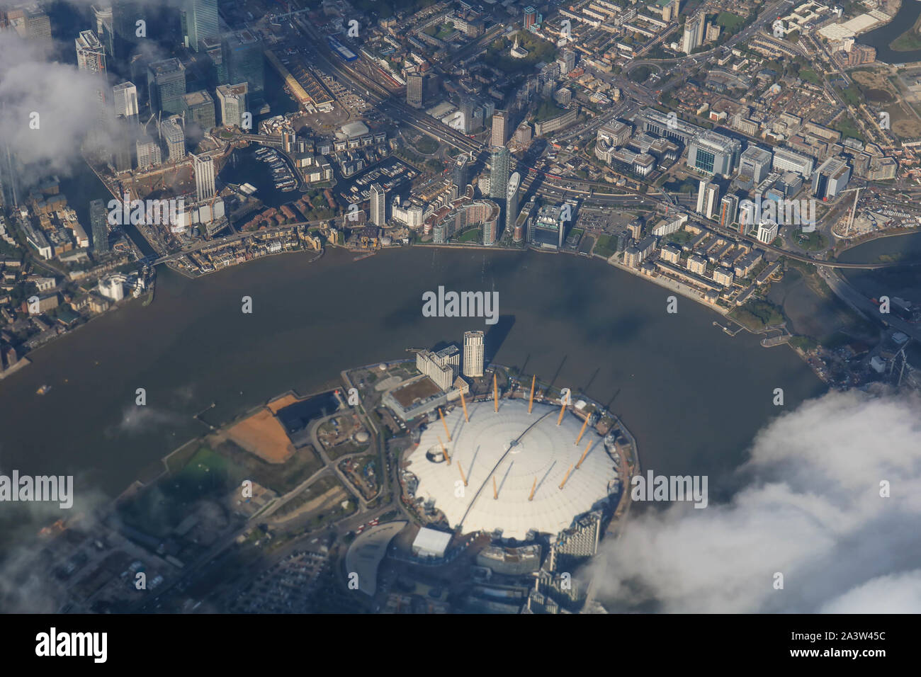 London, UK. 9th Oct, 2019. An aerial view of Millenium Domes and Canary Wharf financial district in London. Credit: Amer Ghazzal/SOPA Images/ZUMA Wire/Alamy Live News Stock Photo