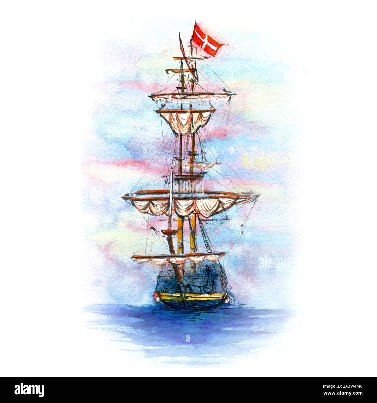 Watercolor of Danish sailing ship Stock Photo