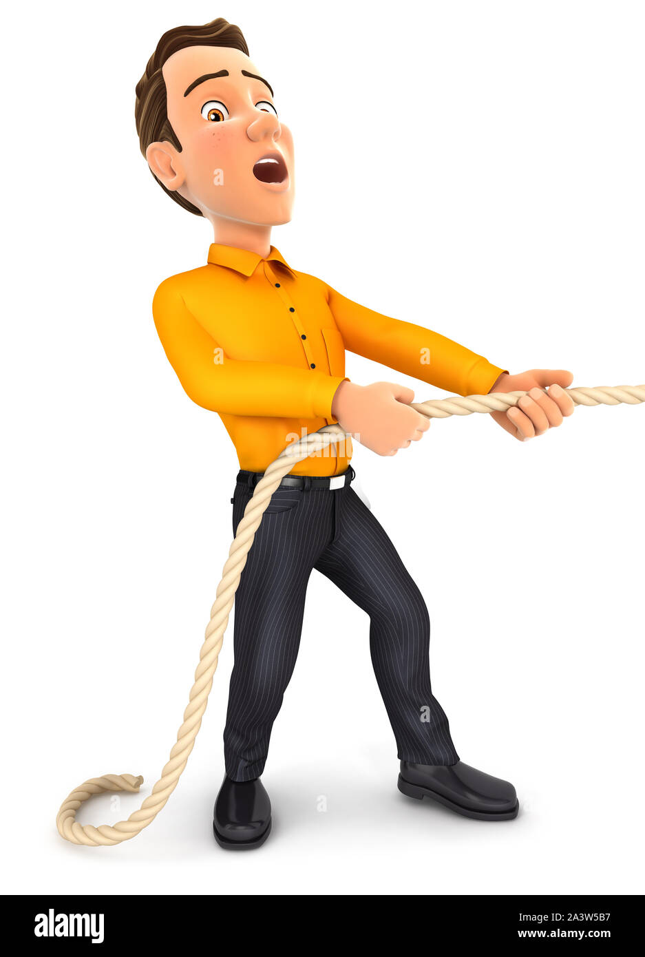 3d man pulling on the rope, illustration with isolated white background