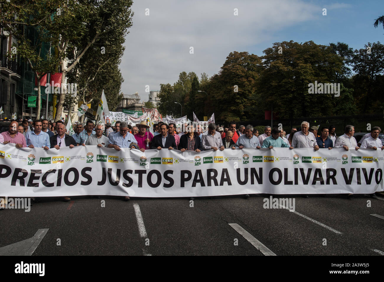 Madrid, Spain. 10th October, 2019. Olive oil producers marching to the Agriculture Ministry to denounce low prices of olive oil and against the 25 percent tariff that Spanish olives and olive oil will face in the United States. Banner reads 'fair prices for a living olive grove'. Credit: Marcos del Mazo/Alamy Live News Stock Photo