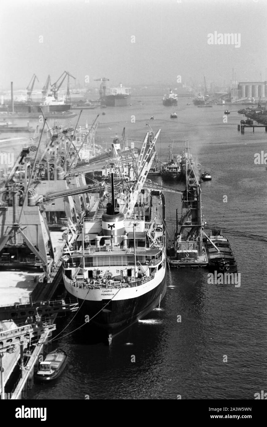Umschag von Fracht und Containern an einem Terminal im Hafen von Rotterdam, Niederlande 1971. Handling of cargo containers at a terminal of Rotterdam port, The Netherlands 1971. Stock Photo