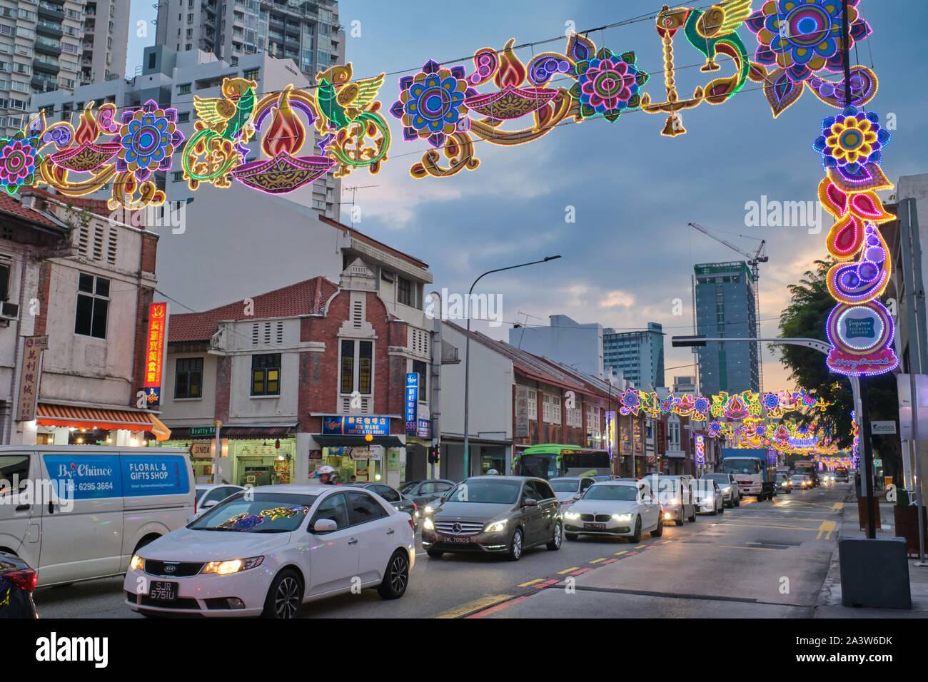 Serangoon Rd., Singapore, at the fringe of Little India district, decked out for Deepavali (Diwali) festival, celebrated by the local Hindu community Stock Photo