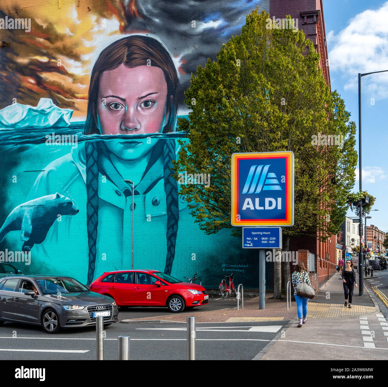 Giant mural of Greta Thunberg Swedish schoolgirl environmental activist painted on walls of Tobacco Factory Theatre by Aldi carpark - Bristol UK Stock Photo