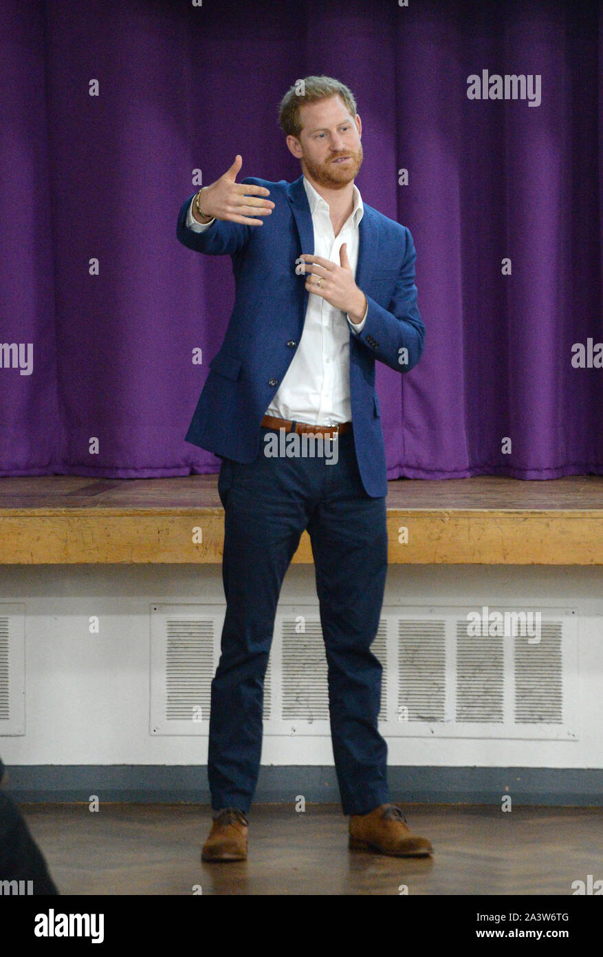 The Duke of Sussex attends a school assembly with Year 11 students during a visit to the Nottingham Academy during his visit to mark World Mental Health Day. Stock Photo