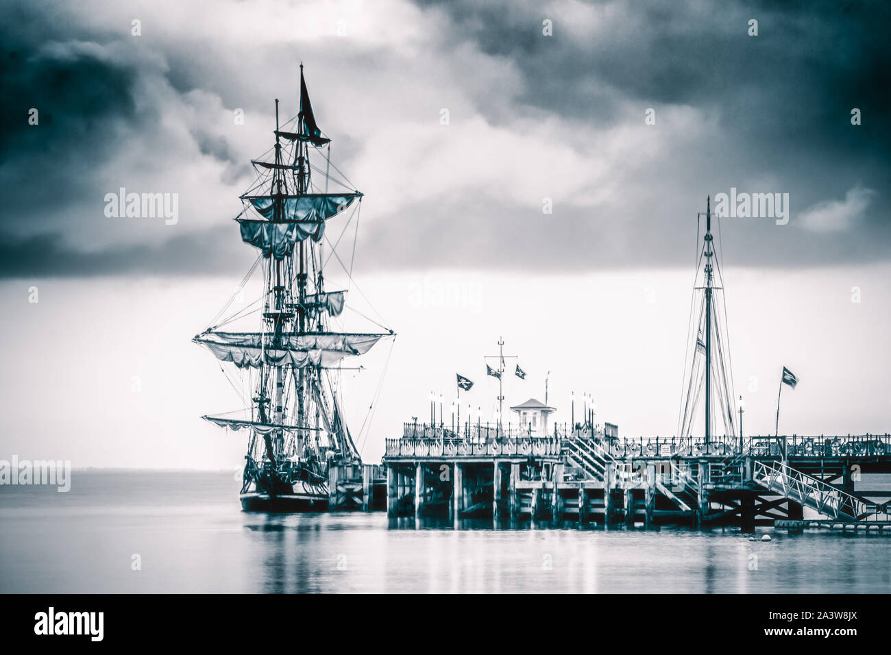 Pirate Ship, SHTANDART, moored at Swanage Pier, Swanage, Dorset Stock Photo