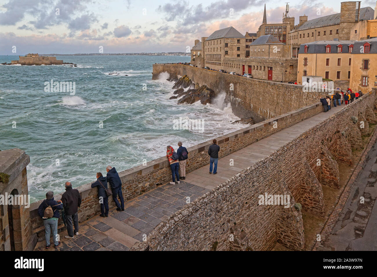 SAINTMALO, FRANCE, September 29, 2019 People face the big waves of