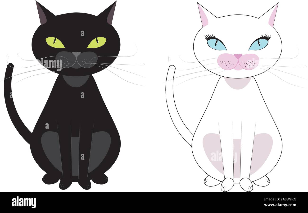 Two black and white cats, black have green eyes, white with blue eyes. Stock Vector