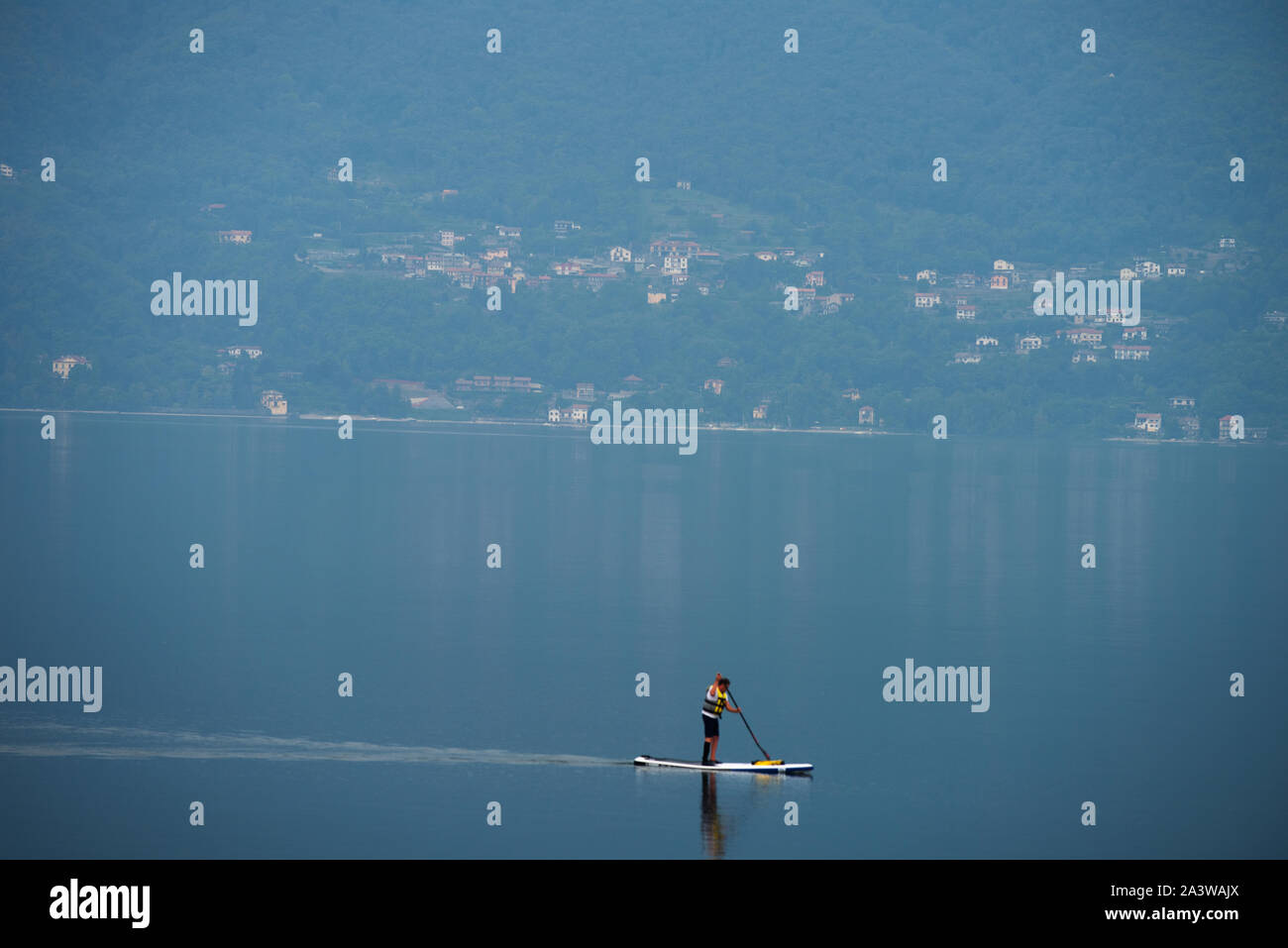 Lake Maggiore, Lago Maggiore view from apartment Sept 2019 View from eastern shore looking west from Porto Valtravaglia, Stock Photo