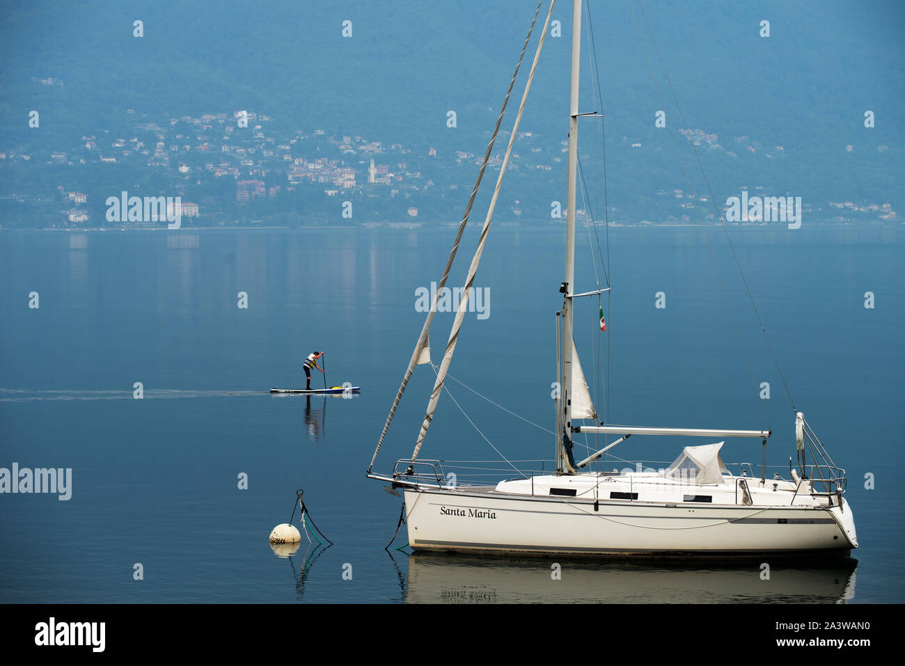 Lake Maggiore, Lago Maggiore view from apartment Sept 2019 View from eastern shore looking west from Porto Valtravaglia, Stock Photo