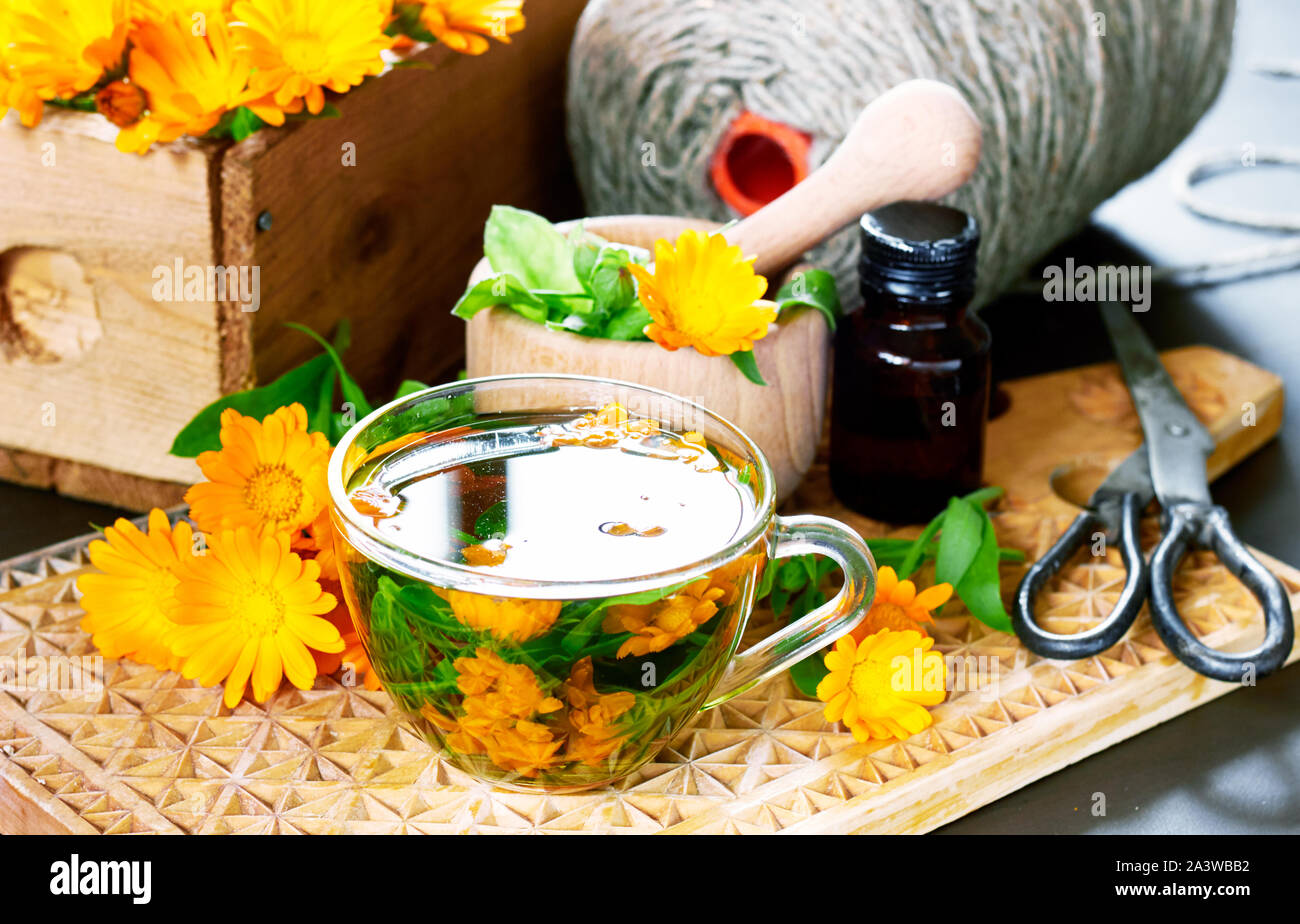 A cup of calendula tea, herbal healing drink made of bunch of fresh flowers with marigold bouquet nearby, a mortar with pounder, a bottle of medicinal Stock Photo